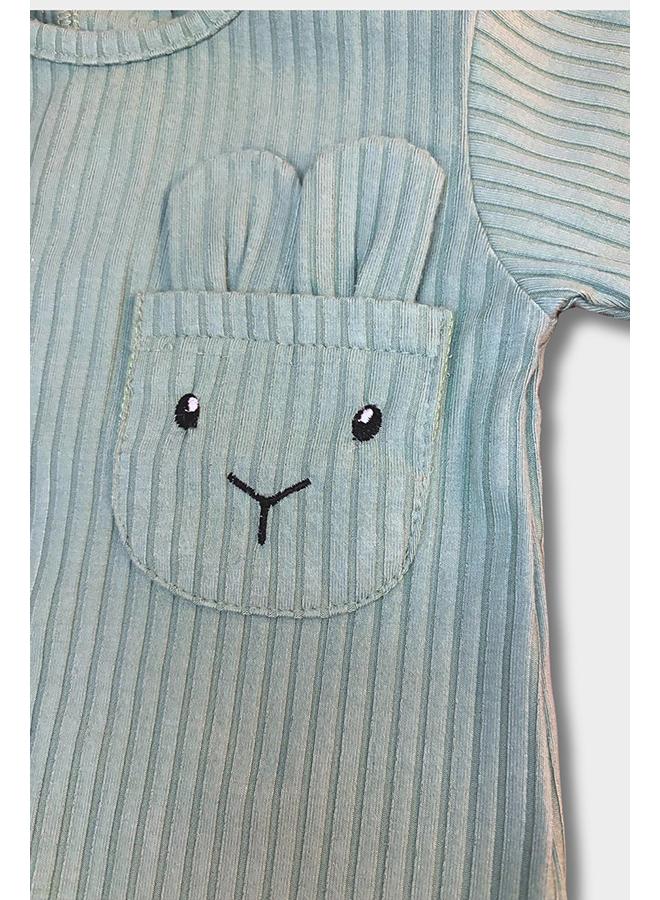 Unisex Baby Cotton Footless Onesie – Mint with Rabbit Design - Image 2
