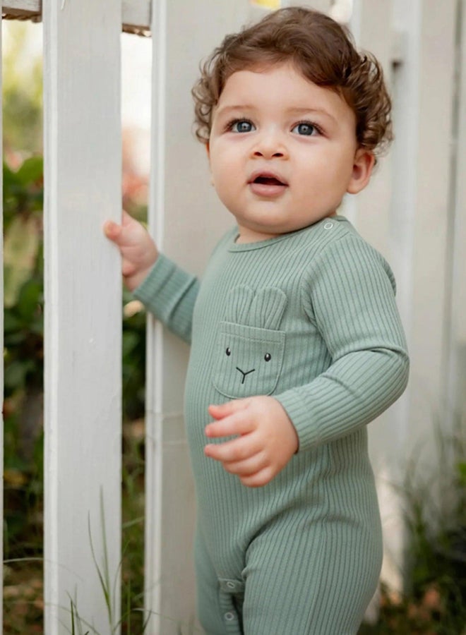 Unisex Baby Cotton Footless Onesie – Mint with Rabbit Design - Image 1