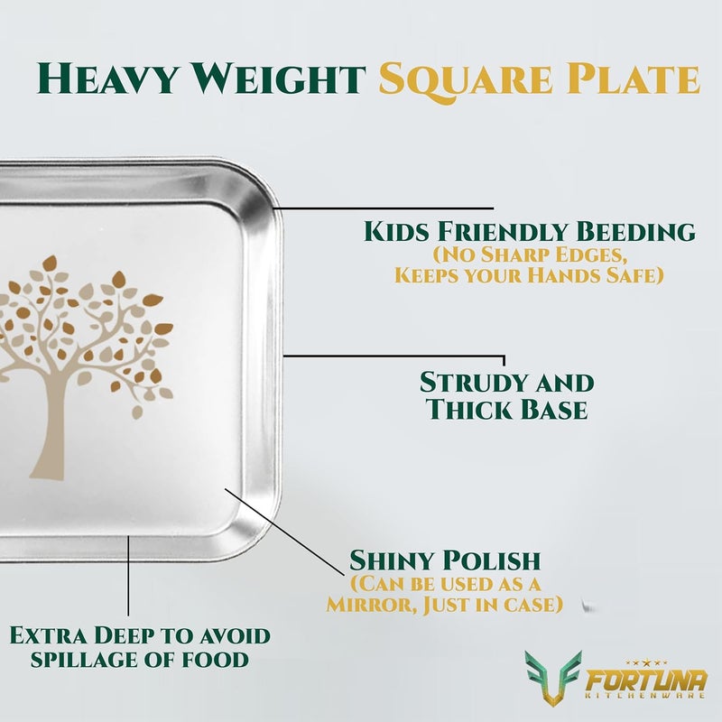FORTUNA KITCHENWARE Stainless Steel Plates Set of 6 Square Plates BreakfastLunchDinner Plates Set of 6 Diameter 10 Inches Laser Print - Image 3