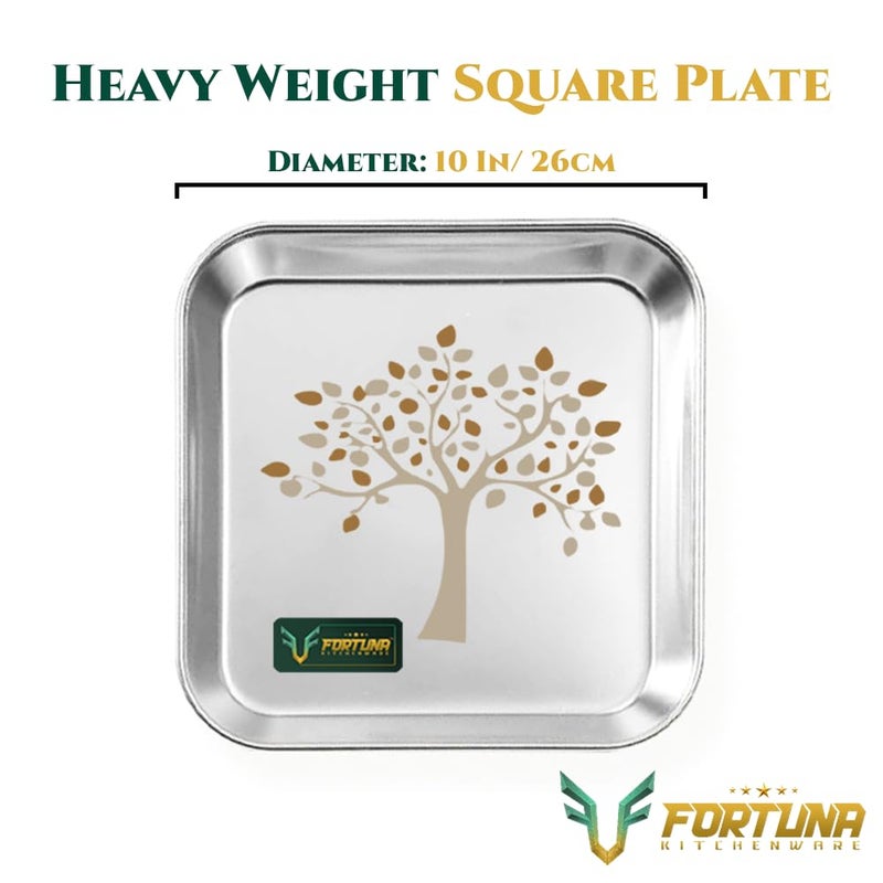 FORTUNA KITCHENWARE Stainless Steel Plates Set of 6 Square Plates BreakfastLunchDinner Plates Set of 6 Diameter 10 Inches Laser Print - Image 4