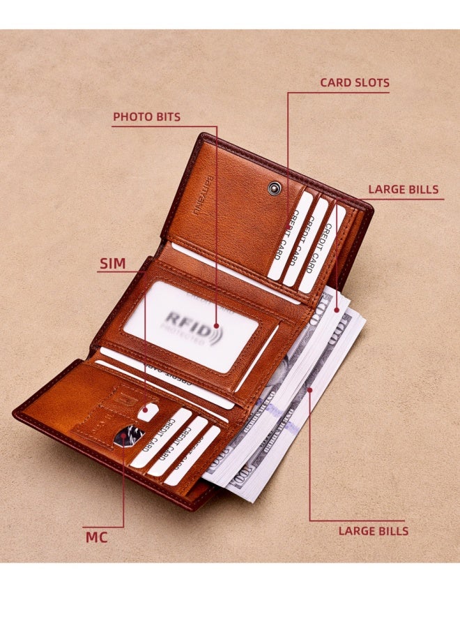 banyanu Wallet, Men's Short Leather Tri-Fold Multi-Card Slot Cowhide, Yellow-Brown (Lining Cowhide) - Image 2