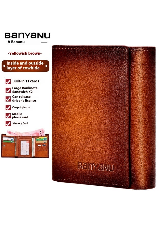 banyanu Wallet, Men's Short Leather Tri-Fold Multi-Card Slot Cowhide, Yellow-Brown (Lining Cowhide) - Image 1