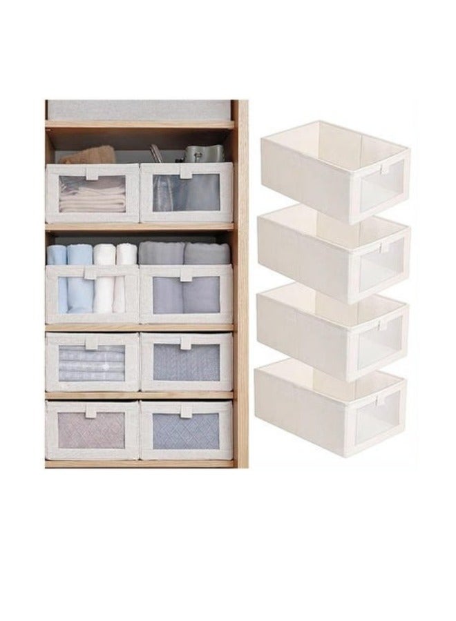 ميكسد 4 عبوات من صناديق تخزين الكتان، وحاويات تخزين لتنظيم الملابس، والجينز، والألعاب، والكتب، والأرفف، والخزانة، وخزانة الملابس، ومنظمات الخزانة والتخزين، وسلال صناديق تخزين كبيرة مع نافذة مرئية - Image 1