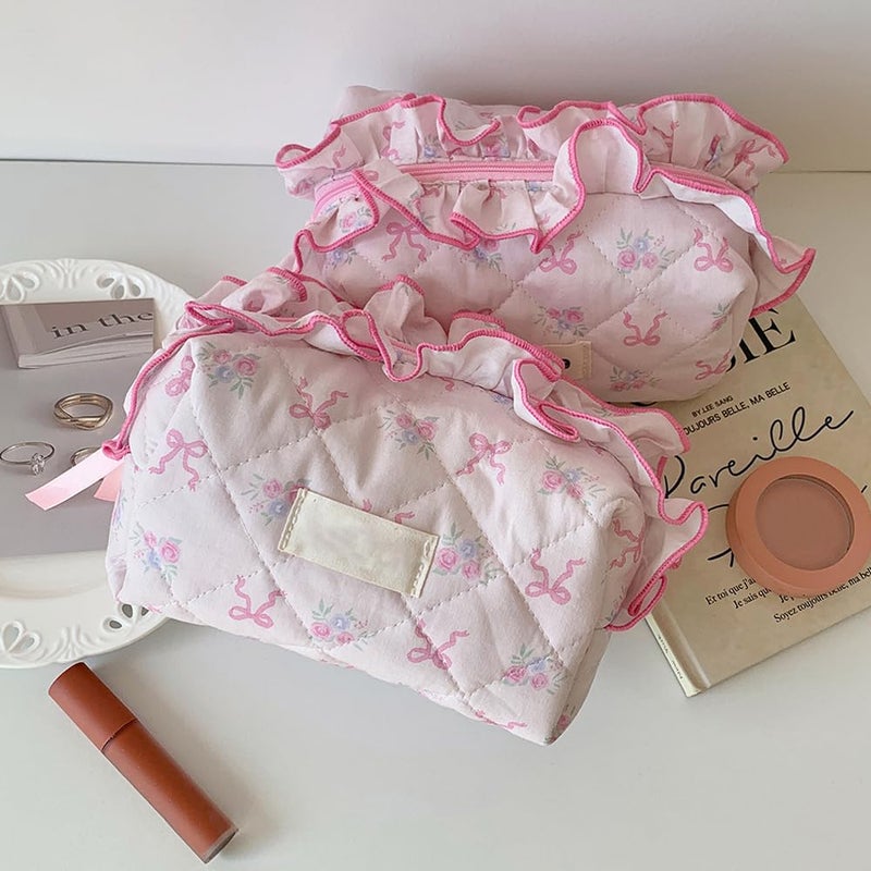 Arvintas Quilted Makeup Bag, Cute Pouch Travel Toiletry Period Bag, Pink bow Zipper Make Up Pouch for Women Girls (Style 2) - Image 3