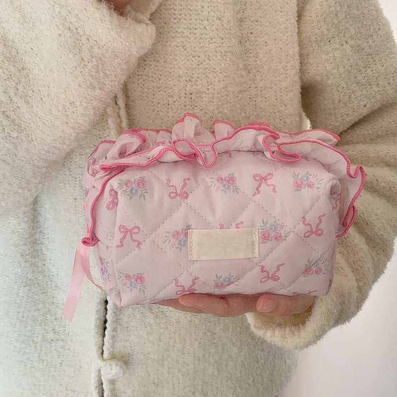 Arvintas Quilted Makeup Bag, Cute Pouch Travel Toiletry Period Bag, Pink bow Zipper Make Up Pouch for Women Girls (Style 2) - Image 5