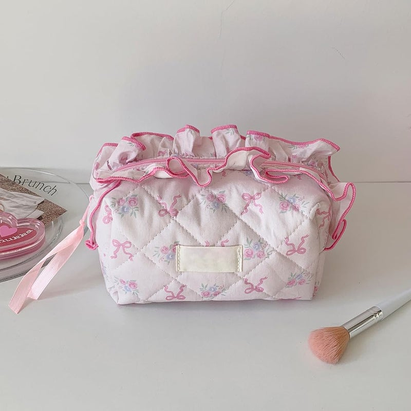 Arvintas Quilted Makeup Bag, Cute Pouch Travel Toiletry Period Bag, Pink bow Zipper Make Up Pouch for Women Girls (Style 2) - Image 4