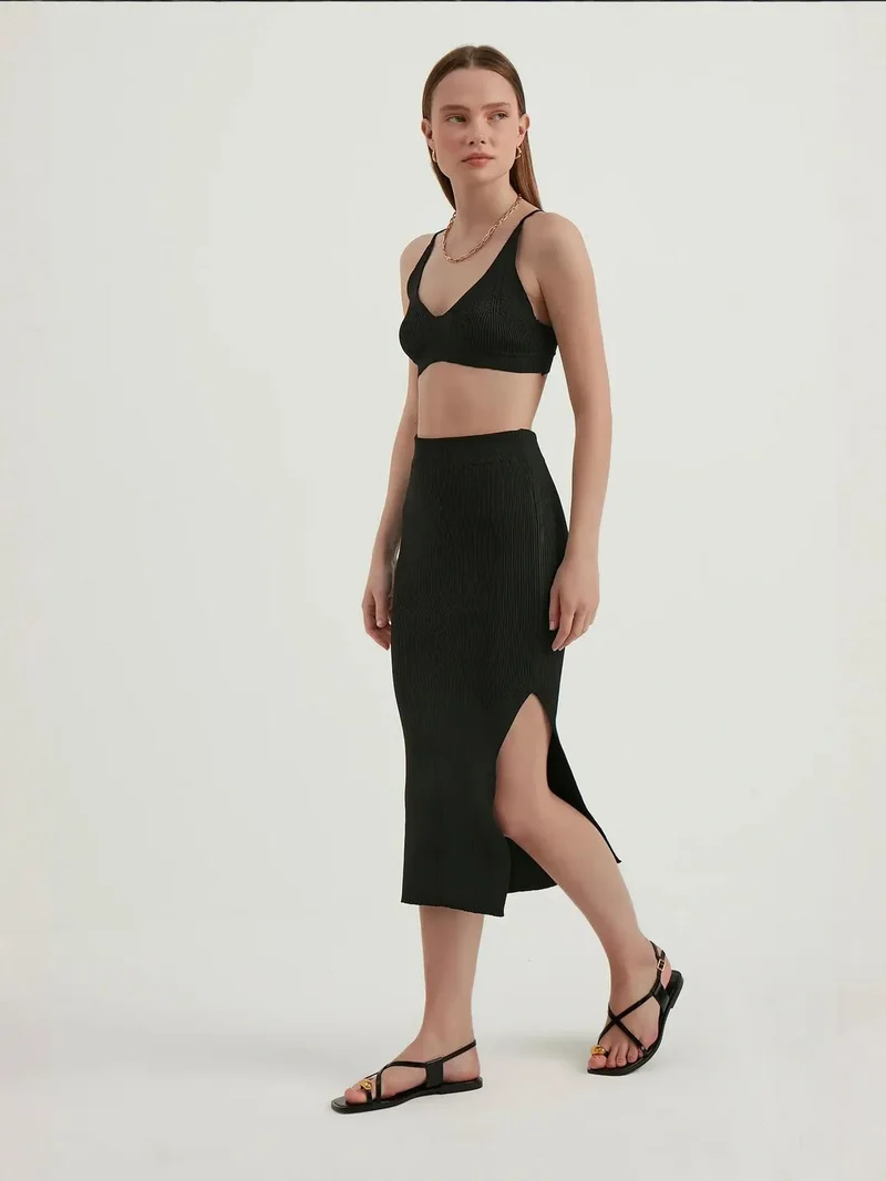 HICCUP 2 Pieces: V Neck Bodycon Crop Top & High Waist Maxi with a Side Slit