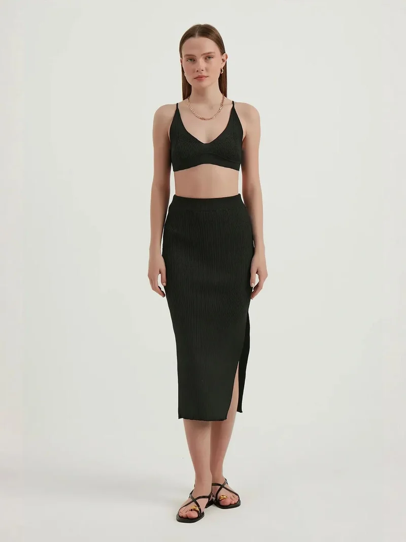 HICCUP 2 Pieces: V Neck Bodycon Crop Top & High Waist Maxi with a Side Slit