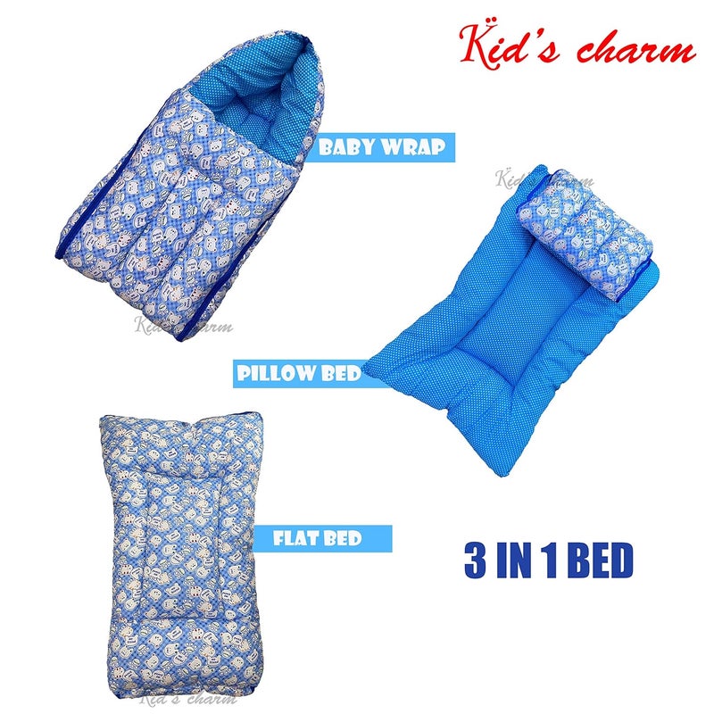 Kid's Charm KidsCharm Teddy 4PCS Combo Set 3 in 1 Baby Carry Bed5 in 1 Cotton Feeding Pillow withSafety Belt2 in 1 Babys Cottonwith Mosquito Net2 in 1 Babys Cottonwith Sleeping Bed for 04 MonthsBlue - Image 2