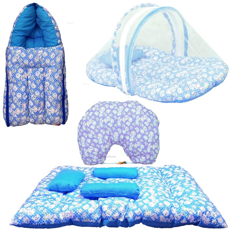 Kid's Charm KidsCharm Teddy 4PCS Combo Set 3 in 1 Baby Carry Bed5 in 1 Cotton Feeding Pillow withSafety Belt2 in 1 Babys Cottonwith Mosquito Net2 in 1 Babys Cottonwith Sleeping Bed for 04 MonthsBlue - Image 1