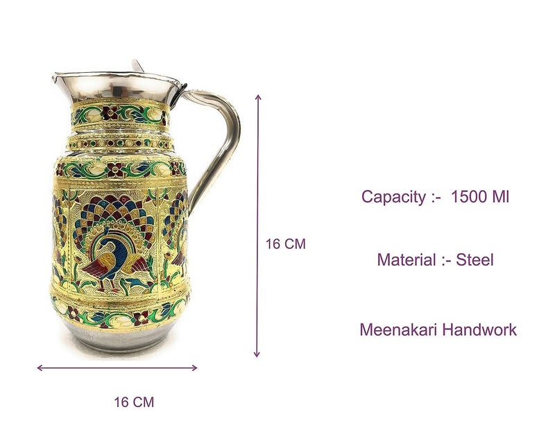 Touchcart Stainless Steel Meenakari Decorative Peacock & Floral Water Jug - 1.5 L Serving Pitcher for Home, Gifting & Return Gifts1 Pc (Multicolor) - Image 3