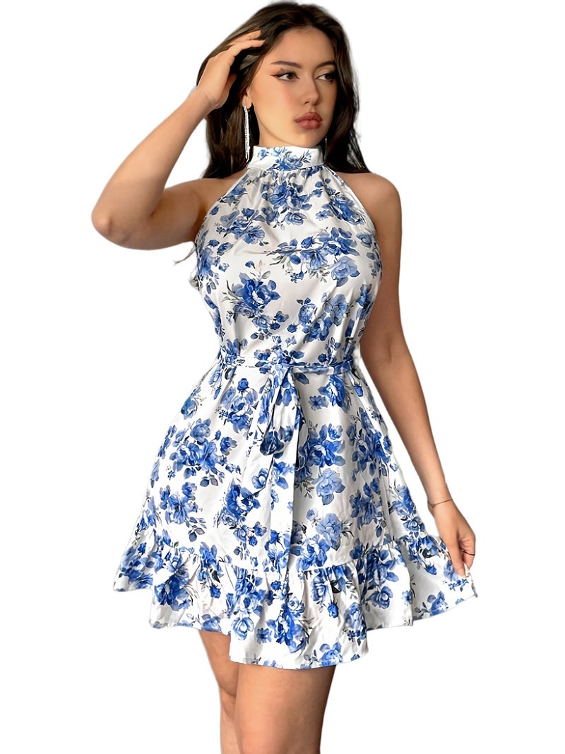 Women'S Romantic Blue And White Floral A-Line Short Dress, Summer Outfit, Sun Dress Spring Wear - Image 1