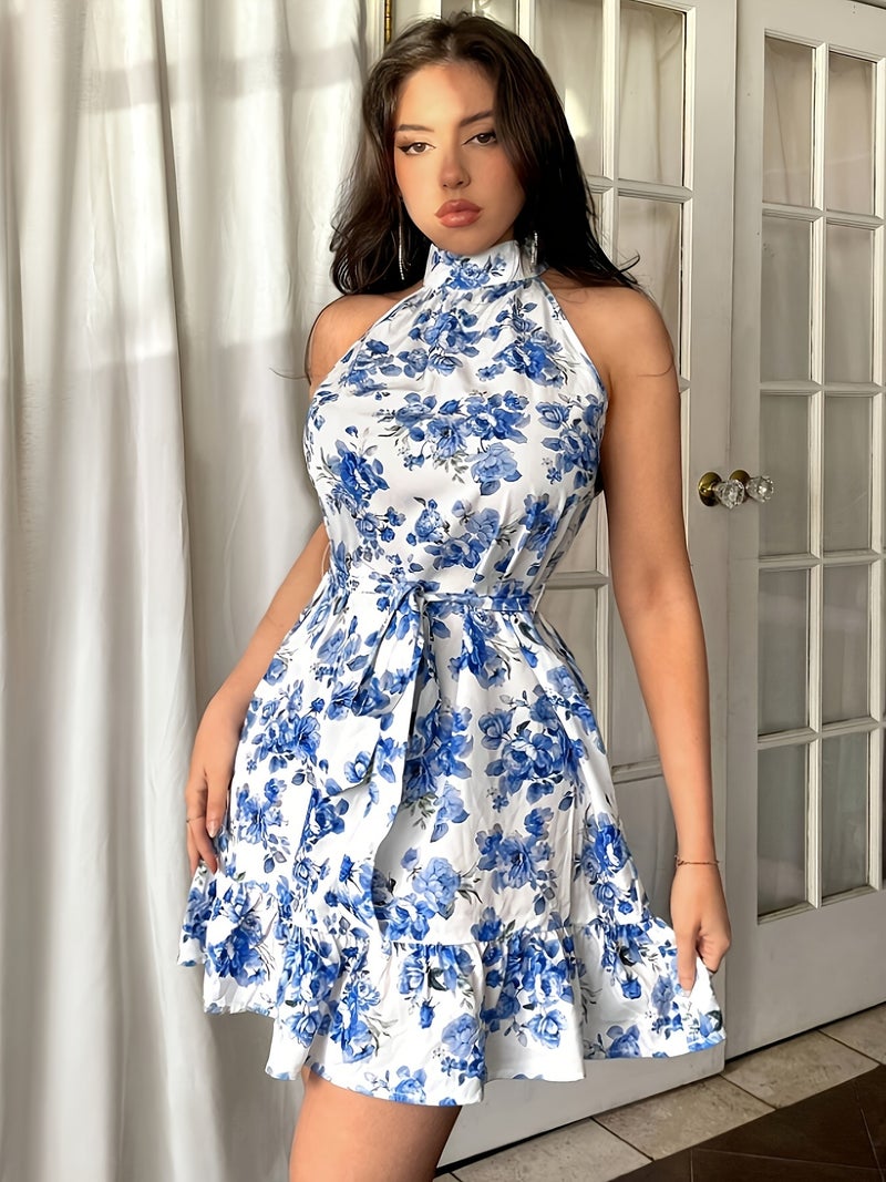 Women'S Romantic Blue And White Floral A-Line Short Dress, Summer Outfit, Sun Dress Spring Wear - Image 3