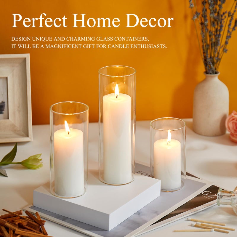 NATCENSE Set of 6 White Pillar Candles with Clear Glass Hurricane Holders- Elegant Cylinder Candle Vases for Weddings, Parties, Centerpieces, Home & Office Decor (White, 6 Set) - Image 5