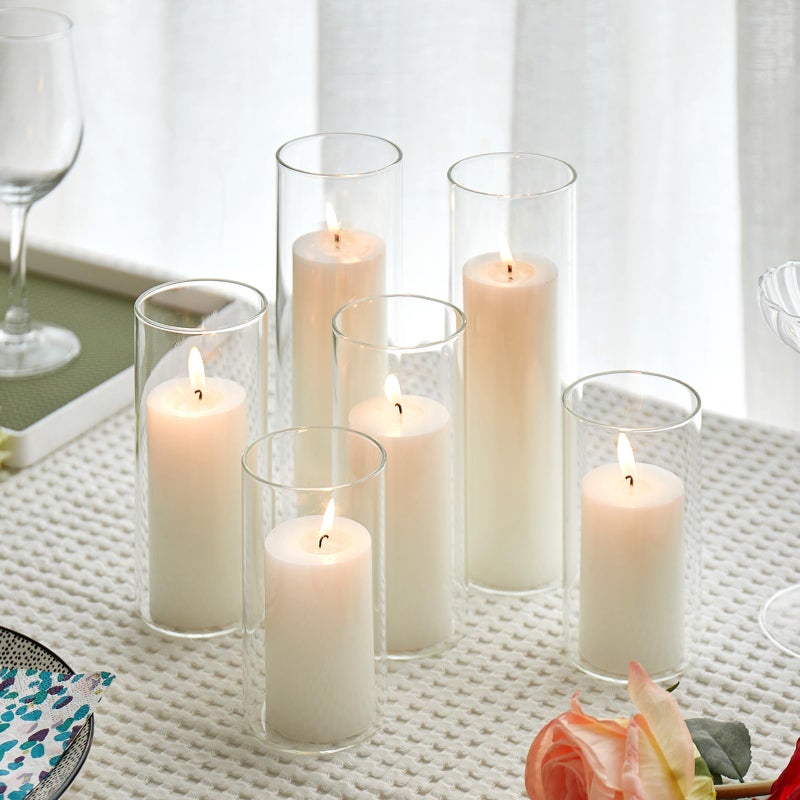 NATCENSE Set of 6 White Pillar Candles with Clear Glass Hurricane Holders- Elegant Cylinder Candle Vases for Weddings, Parties, Centerpieces, Home & Office Decor (White, 6 Set) - Image 1