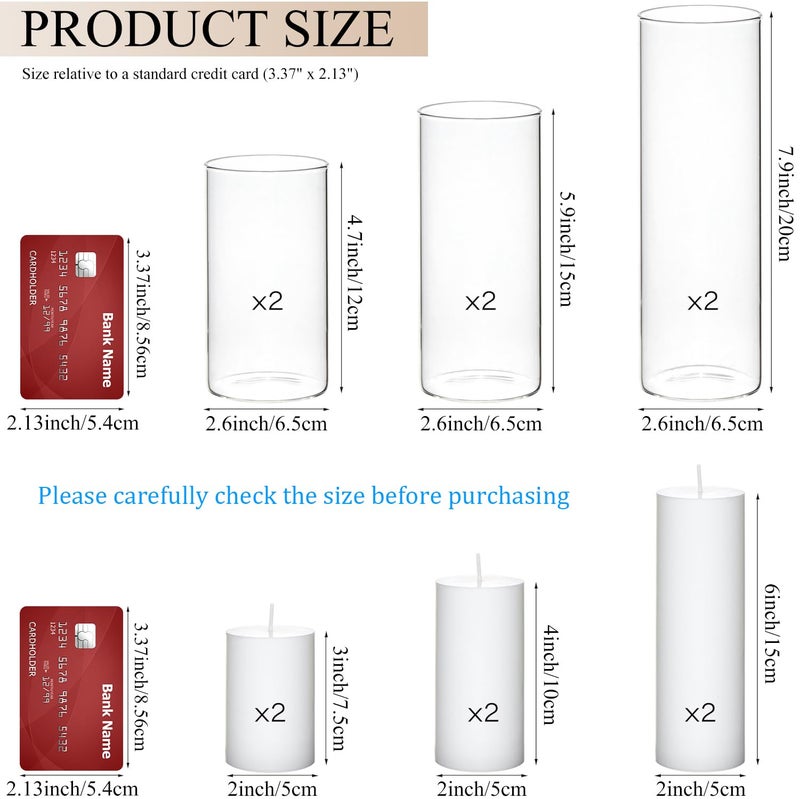NATCENSE Set of 6 White Pillar Candles with Clear Glass Hurricane Holders- Elegant Cylinder Candle Vases for Weddings, Parties, Centerpieces, Home & Office Decor (White, 6 Set) - Image 2