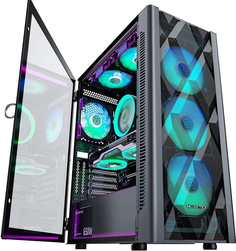MUSETEX حافظة كمبيوتر MUSETEX ATX مع 6 مراوح PWM ARGB مثبتة مسبقًا، حافظة ألعاب كمبيوتر بشبكة متعددة الأضلاع، لوحة جانبية من الزجاج المقسى، حافظة متوسطة الارتفاع، USB 3.0 x 2، سوداء، NN8 - Image 1