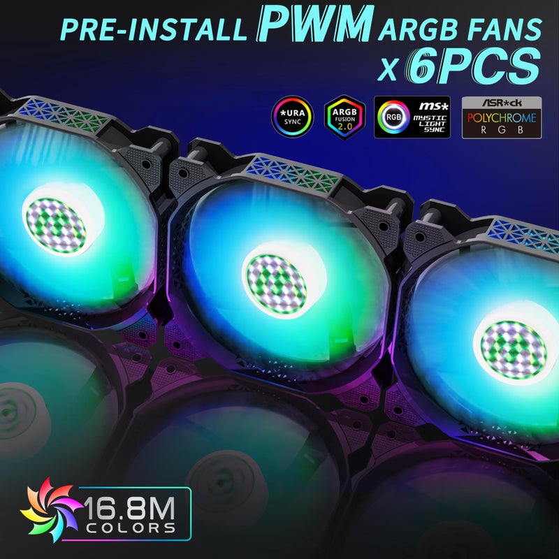 MUSETEX حافظة كمبيوتر MUSETEX ATX مع 6 مراوح PWM ARGB مثبتة مسبقًا، حافظة ألعاب كمبيوتر بشبكة متعددة الأضلاع، لوحة جانبية من الزجاج المقسى، حافظة متوسطة الارتفاع، USB 3.0 x 2، سوداء، NN8 - Image 2