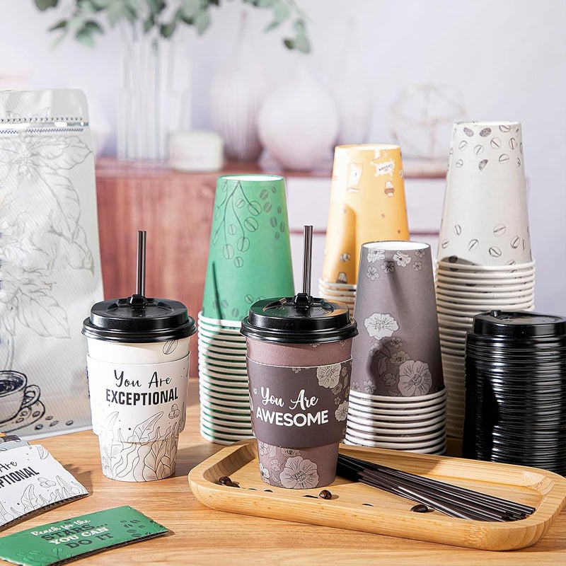 Ziliny 100 Sets Disposable Paper Coffee Cups with Sleeve Lid Straw Disposable Hot Chocolate Cocoa Cups Motivational Coffee Cups with Lids 12 oz for Hot Drinks Cold Beverage Cafe Shop Office, 5 Styles - Image 4