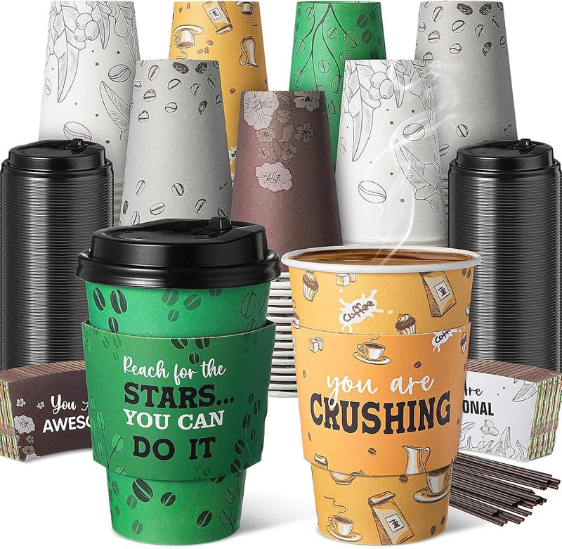 Ziliny 100 Sets Disposable Paper Coffee Cups with Sleeve Lid Straw Disposable Hot Chocolate Cocoa Cups Motivational Coffee Cups with Lids 12 oz for Hot Drinks Cold Beverage Cafe Shop Office, 5 Styles - Image 1