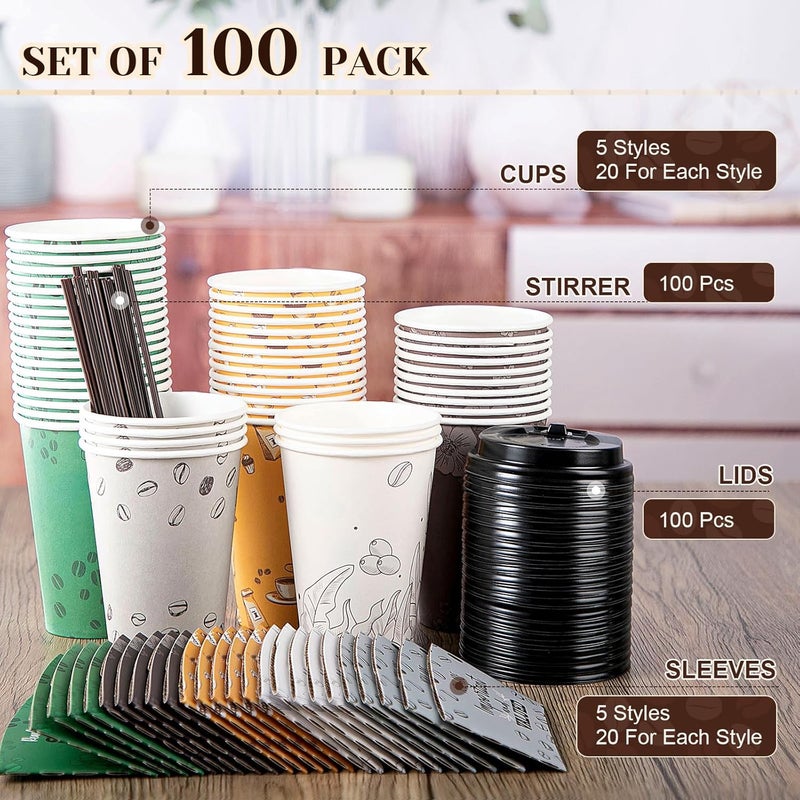 Ziliny 100 Sets Disposable Paper Coffee Cups with Sleeve Lid Straw Disposable Hot Chocolate Cocoa Cups Motivational Coffee Cups with Lids 12 oz for Hot Drinks Cold Beverage Cafe Shop Office, 5 Styles - Image 2