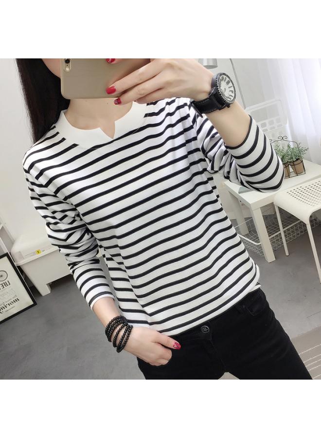 VUELO Plus Size Loose Long-sleeved T-shirt Women's Autumn Clothes Pure Cotton Base Shirt Black And White Striped Top