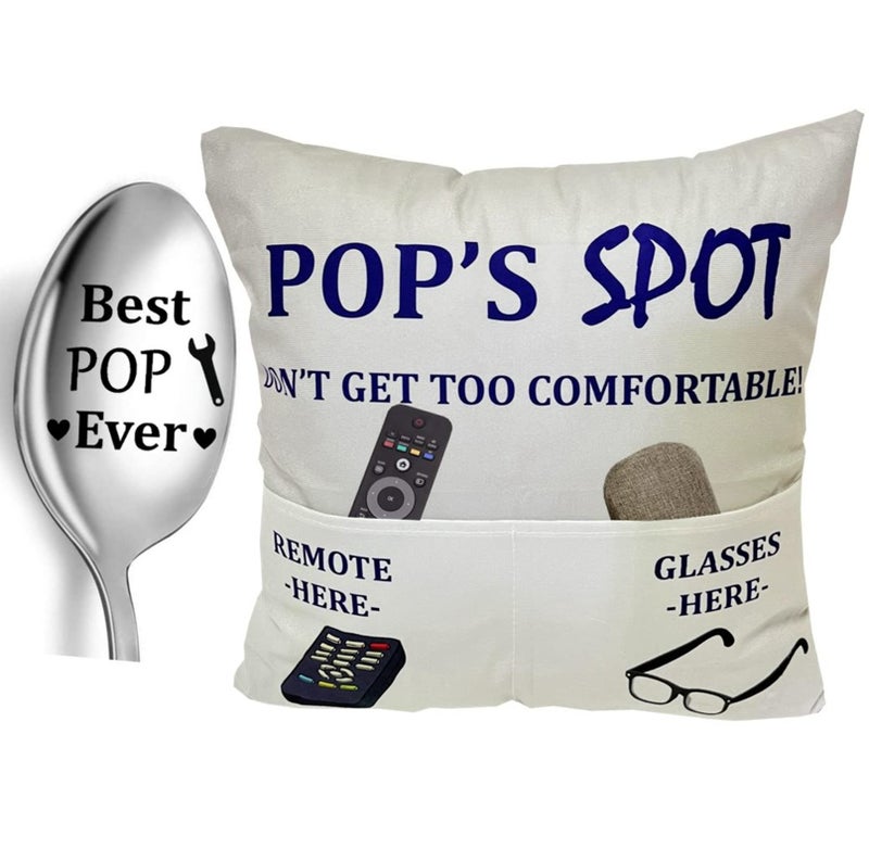Pop Gifts Dad Grandpa Gifts 2Pocket 2Sided Pop Pillow Covers 18x18 Inch and Pop Ever Engraved Spoon Fathers Day Birthday Christmas Stocking Stuffers Thanksgiving Day Gifts