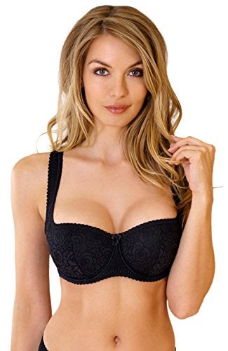 Rosme Women's Balconette Bra with Push Up Effect – Plus Size Sexy Lace Demi Half Cup Bra – Lightly Padded Underwired Low Cut Mesh Design Annija, Black, Size 40C - Image 1