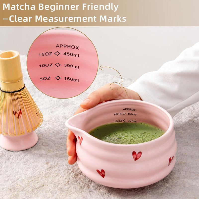 YumiPLUS 5pcs Premium Matcha Set,Ceramic Bowl with Spout and Bamboo Whisk set, Ceremonical Matcha Kit for breakfast/latte,Tea Starter Making Kit,Unique Matcha Gift set (pink love) - Image 3