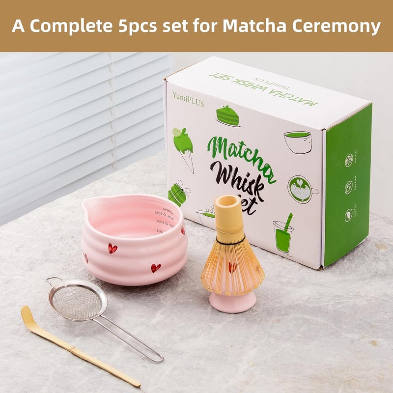 YumiPLUS 5pcs Premium Matcha Set,Ceramic Bowl with Spout and Bamboo Whisk set, Ceremonical Matcha Kit for breakfast/latte,Tea Starter Making Kit,Unique Matcha Gift set (pink love) - Image 2