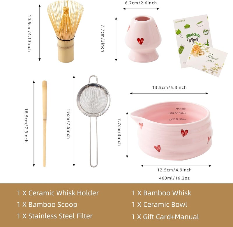 YumiPLUS 5pcs Premium Matcha Set,Ceramic Bowl with Spout and Bamboo Whisk set, Ceremonical Matcha Kit for breakfast/latte,Tea Starter Making Kit,Unique Matcha Gift set (pink love) - Image 5