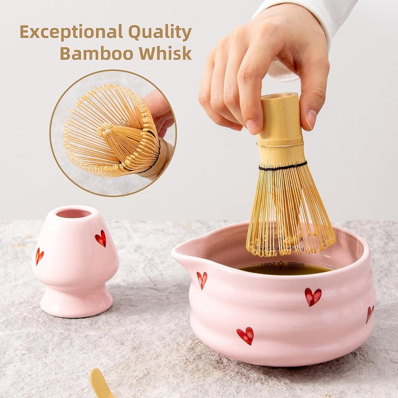YumiPLUS 5pcs Premium Matcha Set,Ceramic Bowl with Spout and Bamboo Whisk set, Ceremonical Matcha Kit for breakfast/latte,Tea Starter Making Kit,Unique Matcha Gift set (pink love) - Image 4