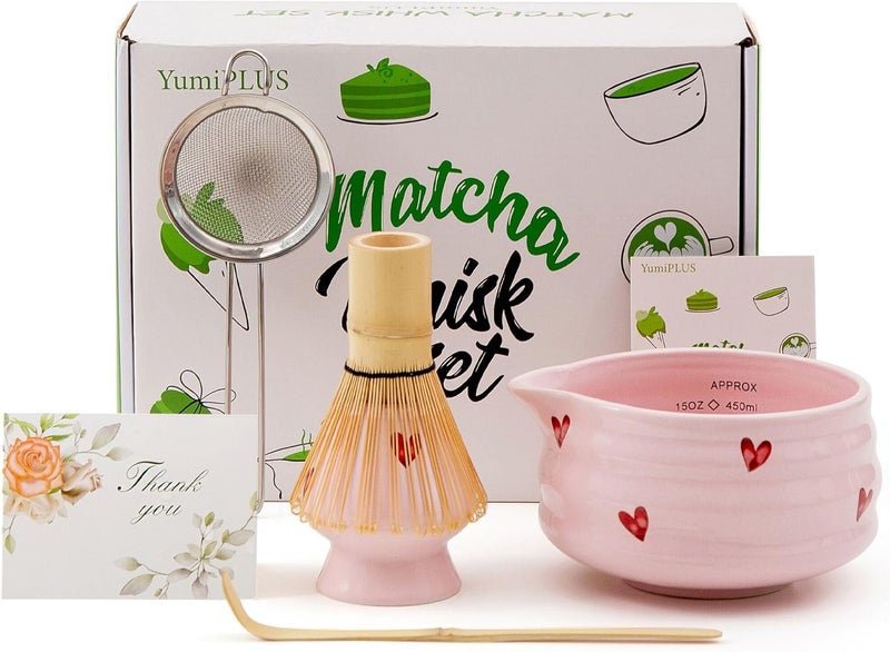 YumiPLUS 5pcs Premium Matcha Set,Ceramic Bowl with Spout and Bamboo Whisk set, Ceremonical Matcha Kit for breakfast/latte,Tea Starter Making Kit,Unique Matcha Gift set (pink love) - Image 1