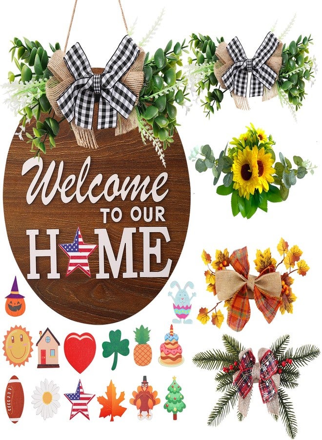 HOMCDALY Interchangeable Welcome Sign for Front Door with 4 Seasonal Wreaths and 14 Changeable Icons, Farmhouse Front Door Signs, Door Decoration Porch Decor, Seasonal Wooden Home Sign home décor (6wood) - Image 1