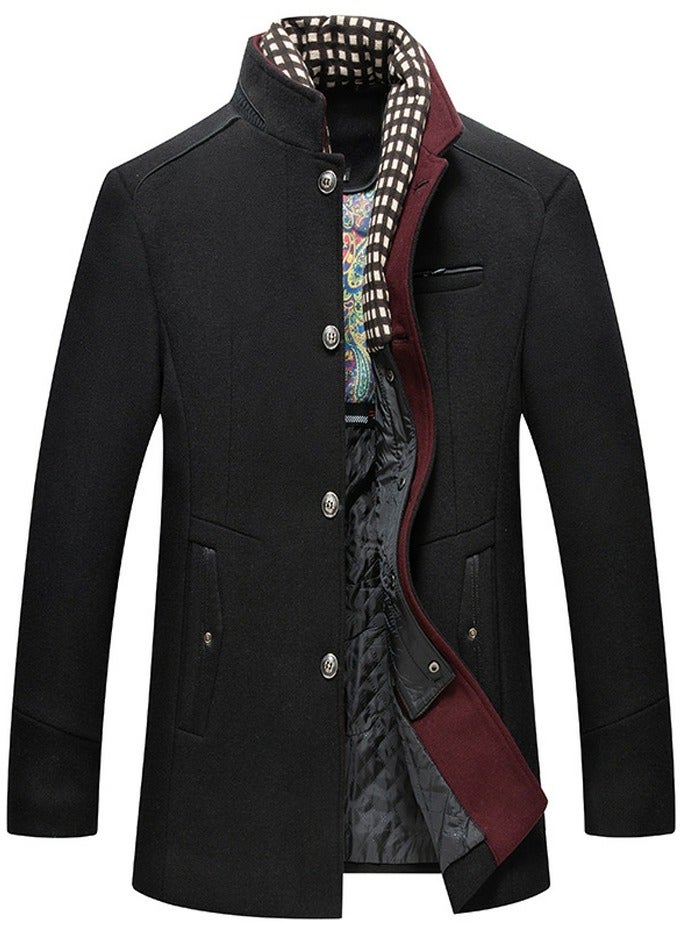 Loquat Men's Wool Blend Coat With Detachable Plaid Scarfs Stand Collar Single Breasted Pea Coat Trench Overcoat Black 
