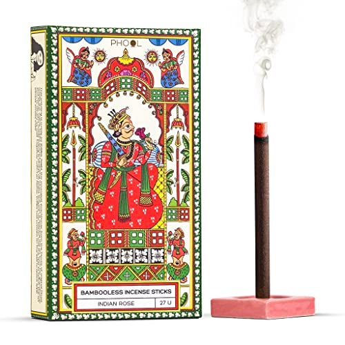 PHOOL Luxury Incense Bambooless Incense Sticks | Indian Rose Dhoop Sticks for Pooja, Meditation & Aarti | Natural Chemical-Free Smokeless Agarbatti | Free Dhoop Holder | Eco-Friendly | Pack of 27 - Image 1