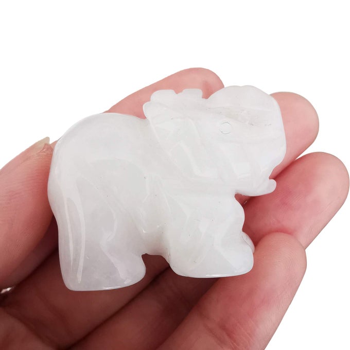 SMALL HANDCARVED ELEPHANT CRYSTAL STATUE HOME OFFICE GUARDIAN ANIMAL SCULPTURE DECOR 15 INCHESWHITE JADE