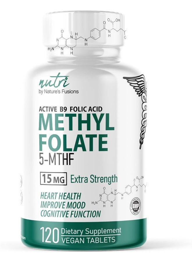 Nature's Fusions Nutri 5-MTHF L Methylfolate 15MG - 4 Month Supply, 120 Vegan Tablets - Methylated Folate Supplement - Cognitive Function, Heart Health, Prenatal Support - Methylated Folic Acid - Image 1