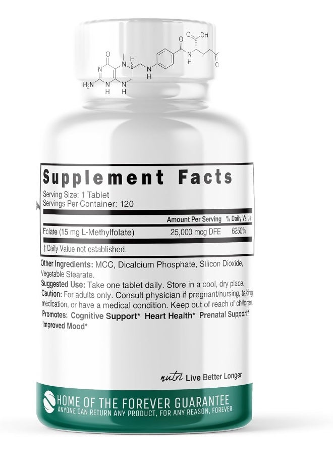Nature's Fusions Nutri 5-MTHF L Methylfolate 15MG - 4 Month Supply, 120 Vegan Tablets - Methylated Folate Supplement - Cognitive Function, Heart Health, Prenatal Support - Methylated Folic Acid - Image 2