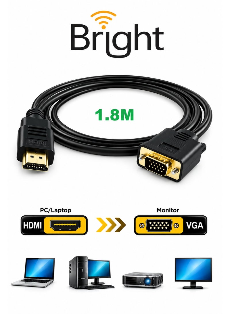 برايت كيبل HDMI إلى VGA بطول 1.8 متر – محول عرض 1080P من ذكر إلى ذكر للشاشة والبروجكتر والتلفزيون واللابتوب - Image 1