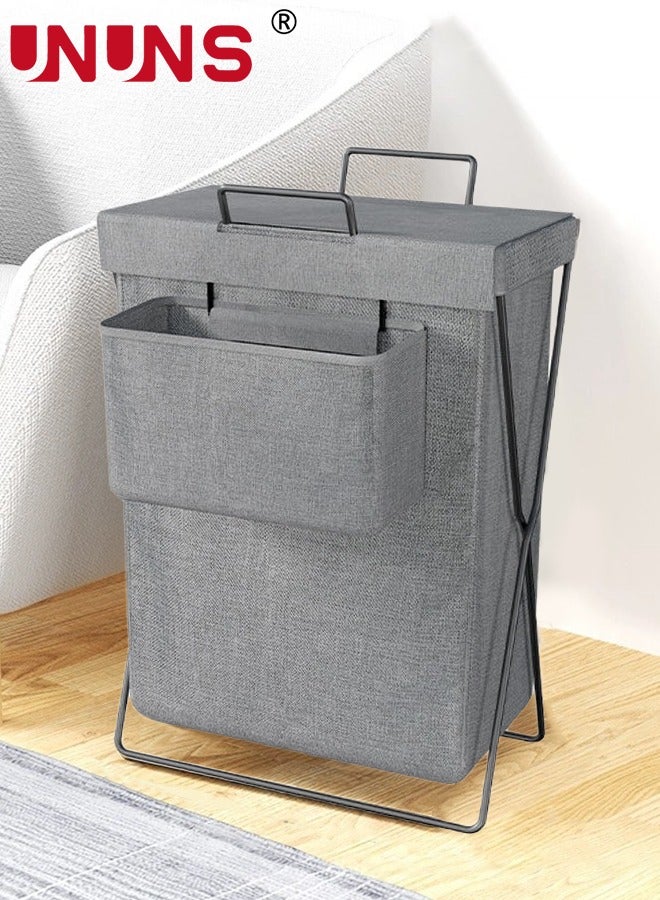 UNUNS Large Collapsible Laundry Basket Hamper with Handles And Lid,Heavy-Duty Frame Clothes Hampers with A Storage Box,X-Shaped Laundry Hamper Laundry Bag For Laundry,Bedroom,Dorm,Towels,Gray - Image 1