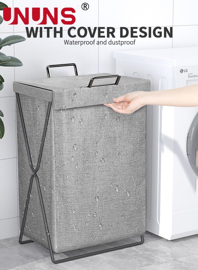 UNUNS Large Collapsible Laundry Basket Hamper with Handles And Lid,Heavy-Duty Frame Clothes Hampers with A Storage Box,X-Shaped Laundry Hamper Laundry Bag For Laundry,Bedroom,Dorm,Towels,Gray - Image 3