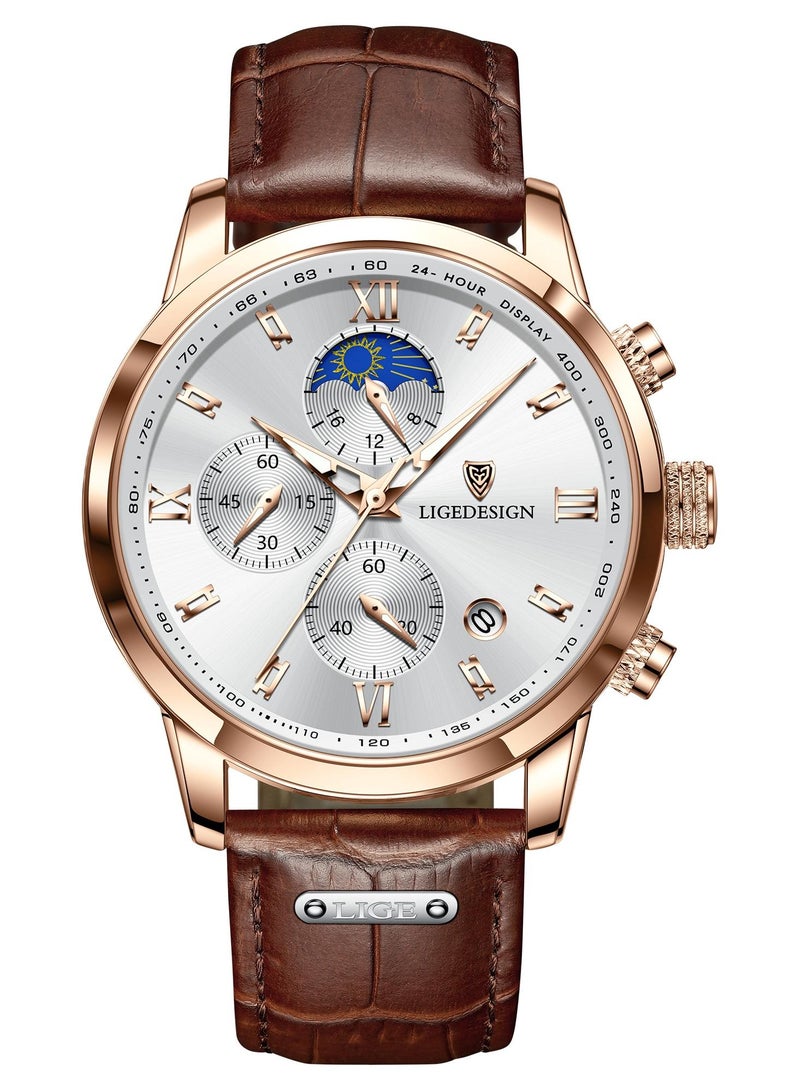 LIGEDESIGN Water Resistant Watches Men's Chronograph Quartz Watch for Men Business with Luxury Leather Band Brown - Image 1