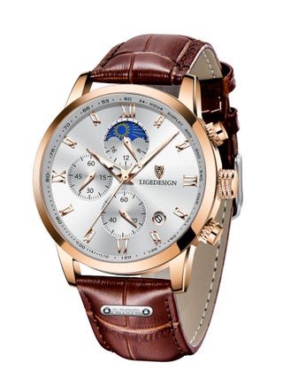 Water Resistant Watches Men's Chronograph Quartz Watch for Men Business with Luxury Leather Band Brown - view 3