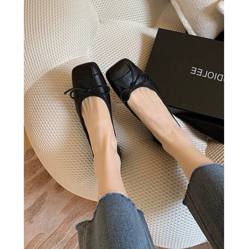 Genuine Leather Ballet Bow Silver Slip-On Flat Shoes for Women | Square Toe Soft Sole Mary Janes