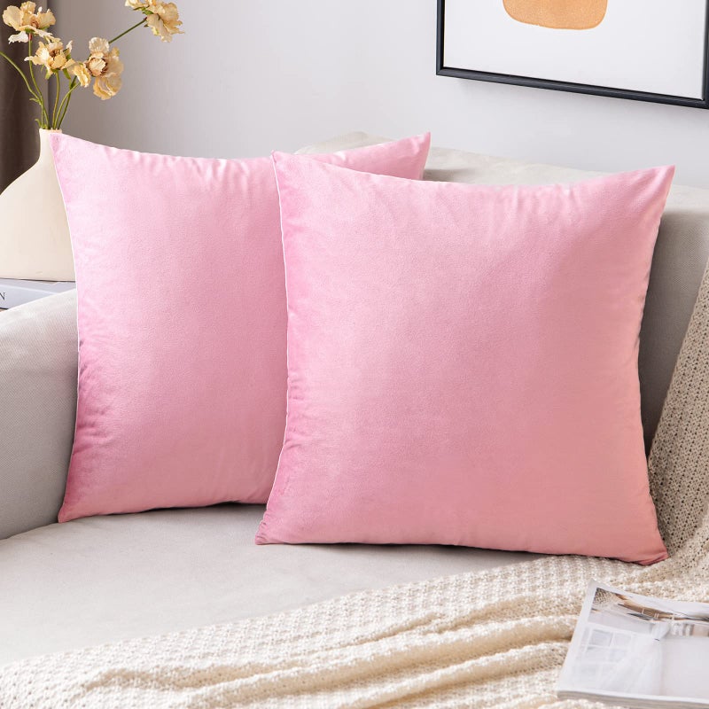 EMEMA Pack of 2 Velvet Throw Pillow Covers Decorative Square Pillowcase Soft Solid Cushion Case for Sofa Bedroom Chair Car 18x18 Inch Bright Pink - Image 1