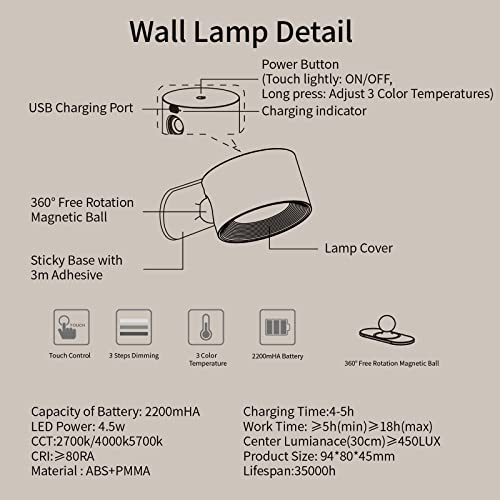 AKSDA Led Wall Sconces, Wall Lamps with Battery Operated, Wall Mounted Cordless Lights with 3 Color Temperature&3 Brightness, 360° Magnetic Ball, USB Charging Port for Reading Study Bedside - Image 4