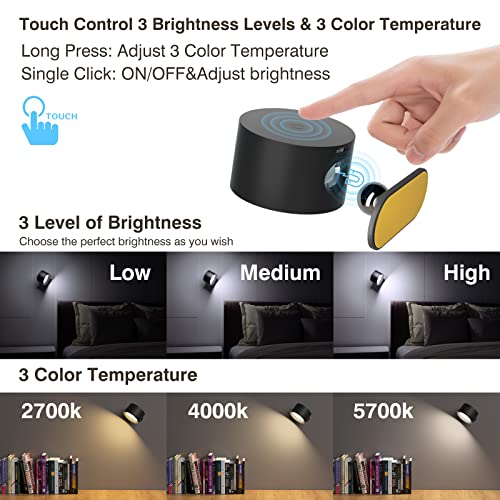 AKSDA Led Wall Sconces, Wall Lamps with Battery Operated, Wall Mounted Cordless Lights with 3 Color Temperature&3 Brightness, 360° Magnetic Ball, USB Charging Port for Reading Study Bedside - Image 2