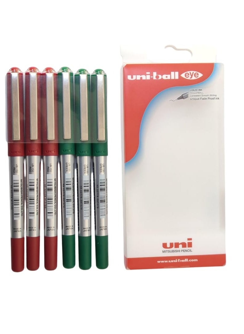 Uniball Uni-ball Eye Micro Ub-150 Gel Ink Pen - 0.5 mm - Pack of 6 (3xGreen,3xRed)  - Image 1