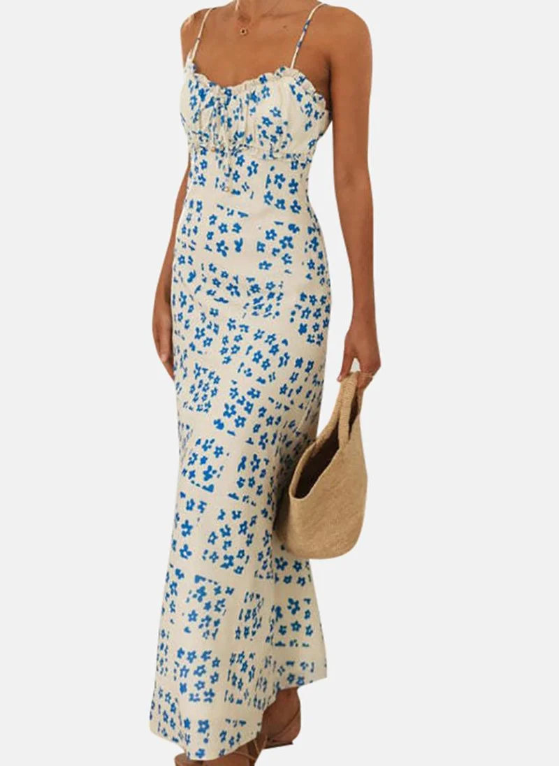 يونيكي White Women Floral Print Shoulder Straps Maxi Dress